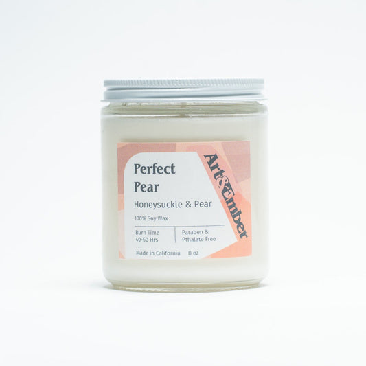 Candle labeled 'Perfect Pear' with a white background